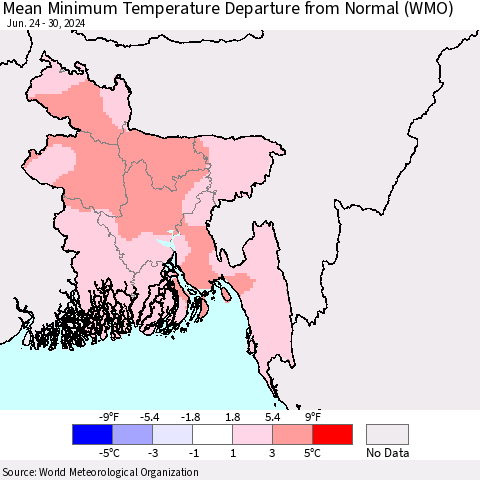 Bangladesh Mean Minimum Temperature Departure from Normal (WMO) Thematic Map For 6/24/2024 - 6/30/2024