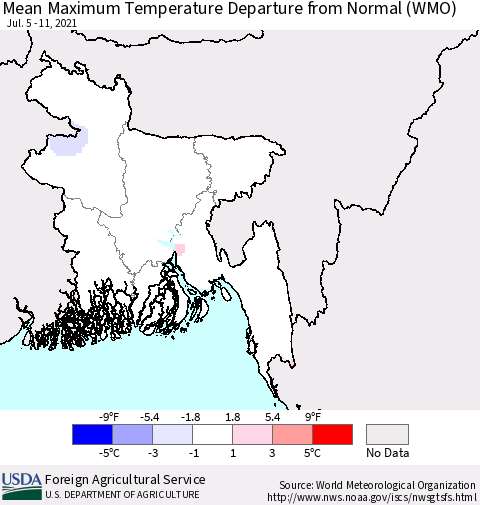 Bangladesh Mean Maximum Temperature Departure from Normal (WMO) Thematic Map For 7/5/2021 - 7/11/2021