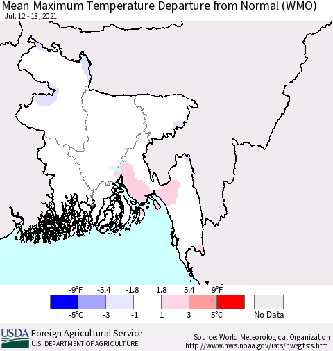 Bangladesh Mean Maximum Temperature Departure from Normal (WMO) Thematic Map For 7/12/2021 - 7/18/2021