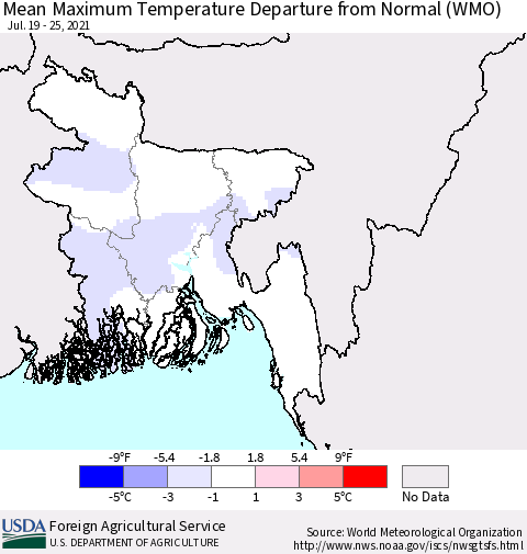 Bangladesh Mean Maximum Temperature Departure from Normal (WMO) Thematic Map For 7/19/2021 - 7/25/2021