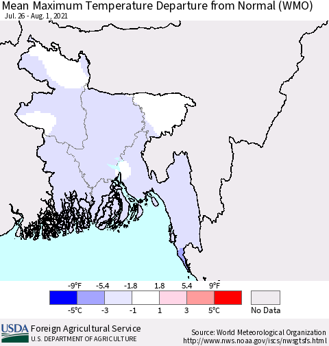 Bangladesh Mean Maximum Temperature Departure from Normal (WMO) Thematic Map For 7/26/2021 - 8/1/2021