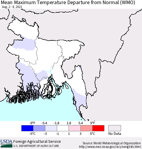 Bangladesh Mean Maximum Temperature Departure from Normal (WMO) Thematic Map For 8/2/2021 - 8/8/2021