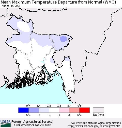 Bangladesh Mean Maximum Temperature Departure from Normal (WMO) Thematic Map For 8/9/2021 - 8/15/2021
