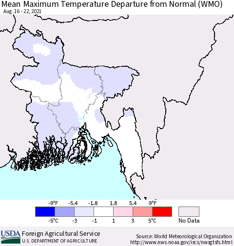 Bangladesh Mean Maximum Temperature Departure from Normal (WMO) Thematic Map For 8/16/2021 - 8/22/2021