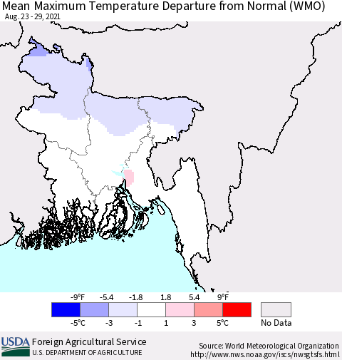 Bangladesh Mean Maximum Temperature Departure from Normal (WMO) Thematic Map For 8/23/2021 - 8/29/2021