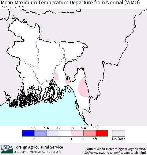 Bangladesh Mean Maximum Temperature Departure from Normal (WMO) Thematic Map For 9/6/2021 - 9/12/2021