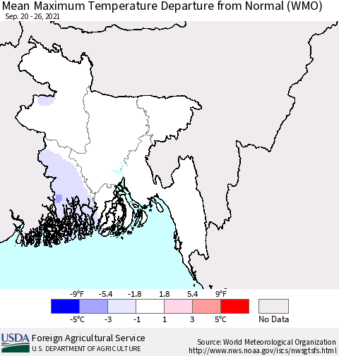 Bangladesh Mean Maximum Temperature Departure from Normal (WMO) Thematic Map For 9/20/2021 - 9/26/2021