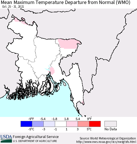 Bangladesh Mean Maximum Temperature Departure from Normal (WMO) Thematic Map For 10/25/2021 - 10/31/2021