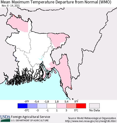 Bangladesh Mean Maximum Temperature Departure from Normal (WMO) Thematic Map For 11/8/2021 - 11/14/2021