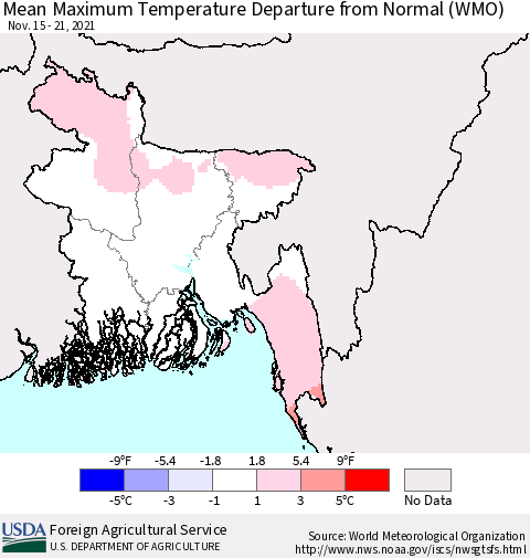 Bangladesh Mean Maximum Temperature Departure from Normal (WMO) Thematic Map For 11/15/2021 - 11/21/2021