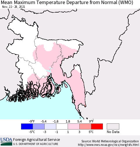 Bangladesh Mean Maximum Temperature Departure from Normal (WMO) Thematic Map For 11/22/2021 - 11/28/2021