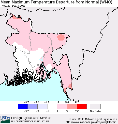 Bangladesh Mean Maximum Temperature Departure from Normal (WMO) Thematic Map For 11/29/2021 - 12/5/2021
