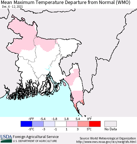 Bangladesh Mean Maximum Temperature Departure from Normal (WMO) Thematic Map For 12/6/2021 - 12/12/2021