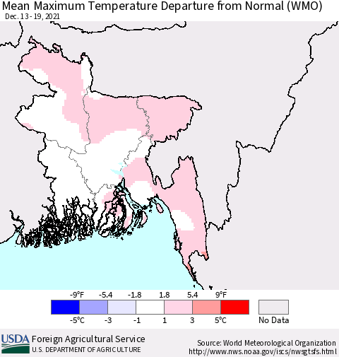 Bangladesh Mean Maximum Temperature Departure from Normal (WMO) Thematic Map For 12/13/2021 - 12/19/2021