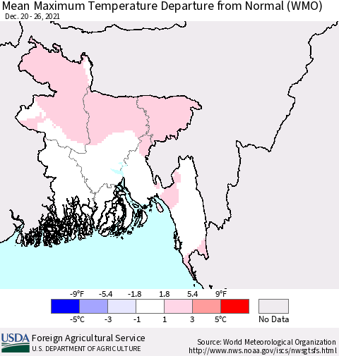 Bangladesh Mean Maximum Temperature Departure from Normal (WMO) Thematic Map For 12/20/2021 - 12/26/2021
