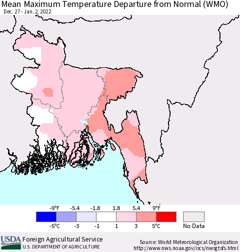 Bangladesh Mean Maximum Temperature Departure from Normal (WMO) Thematic Map For 12/27/2021 - 1/2/2022