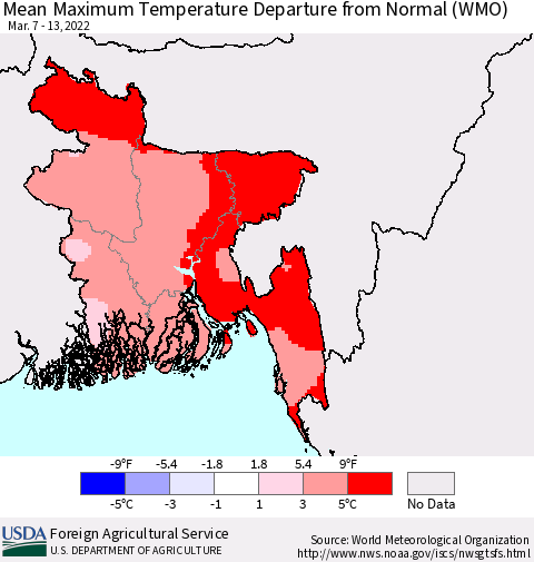 Bangladesh Mean Maximum Temperature Departure from Normal (WMO) Thematic Map For 3/7/2022 - 3/13/2022