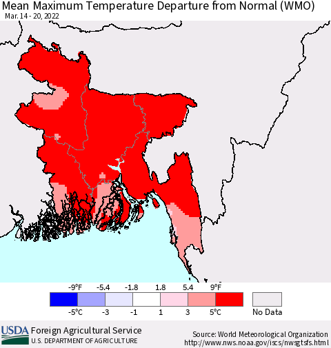 Bangladesh Mean Maximum Temperature Departure from Normal (WMO) Thematic Map For 3/14/2022 - 3/20/2022