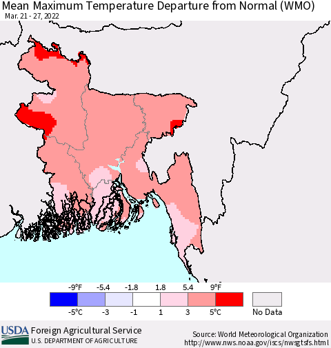 Bangladesh Mean Maximum Temperature Departure from Normal (WMO) Thematic Map For 3/21/2022 - 3/27/2022