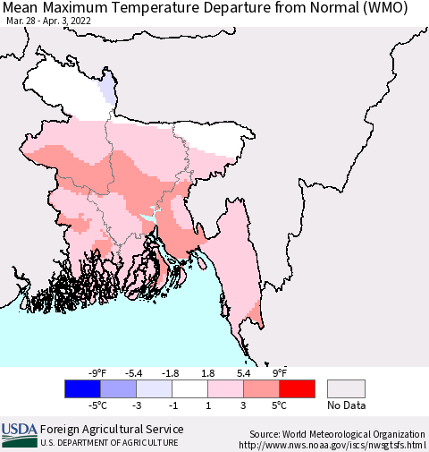 Bangladesh Mean Maximum Temperature Departure from Normal (WMO) Thematic Map For 3/28/2022 - 4/3/2022