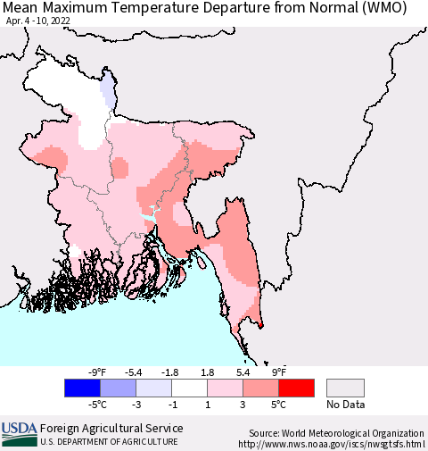 Bangladesh Mean Maximum Temperature Departure from Normal (WMO) Thematic Map For 4/4/2022 - 4/10/2022