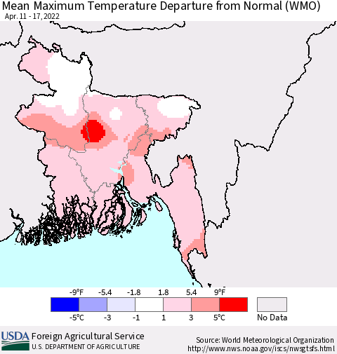 Bangladesh Mean Maximum Temperature Departure from Normal (WMO) Thematic Map For 4/11/2022 - 4/17/2022