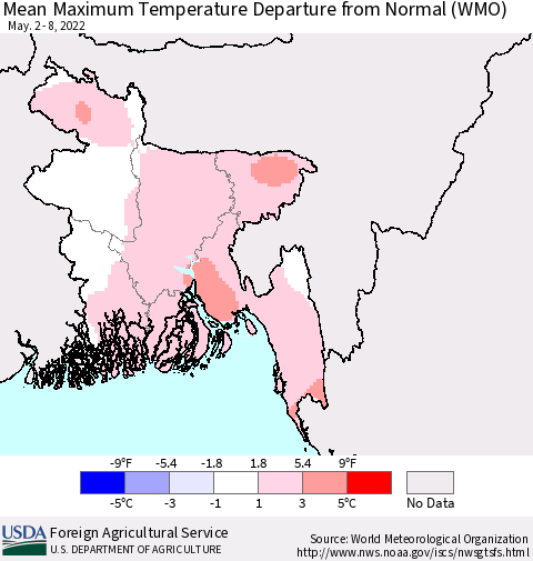 Bangladesh Mean Maximum Temperature Departure from Normal (WMO) Thematic Map For 5/2/2022 - 5/8/2022