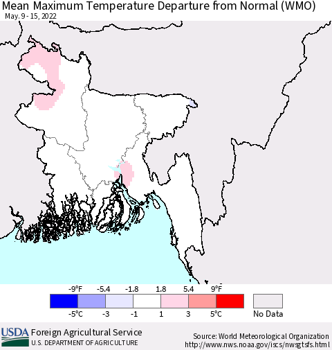Bangladesh Mean Maximum Temperature Departure from Normal (WMO) Thematic Map For 5/9/2022 - 5/15/2022