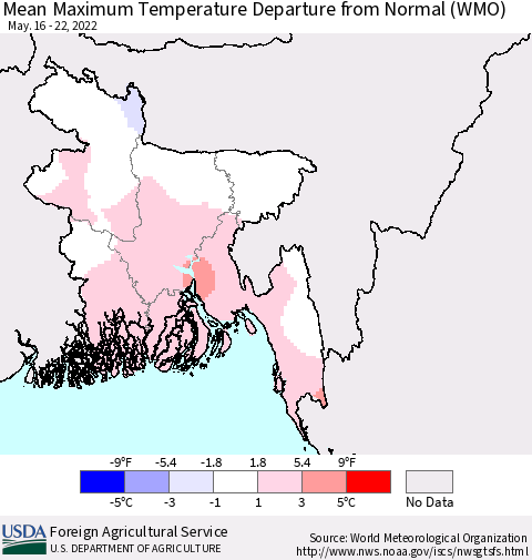 Bangladesh Mean Maximum Temperature Departure from Normal (WMO) Thematic Map For 5/16/2022 - 5/22/2022