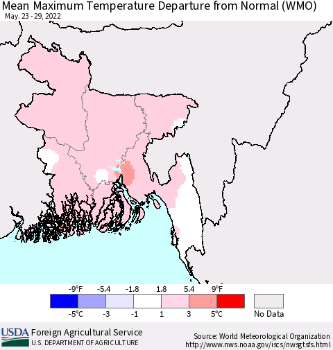 Bangladesh Mean Maximum Temperature Departure from Normal (WMO) Thematic Map For 5/23/2022 - 5/29/2022