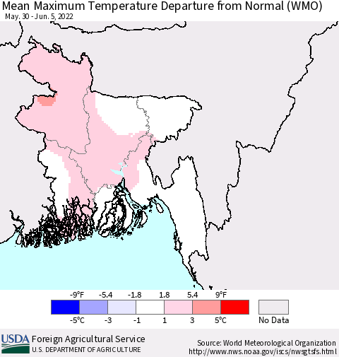 Bangladesh Mean Maximum Temperature Departure from Normal (WMO) Thematic Map For 5/30/2022 - 6/5/2022