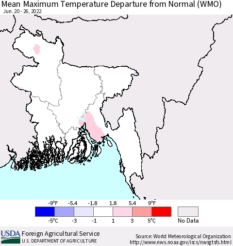 Bangladesh Mean Maximum Temperature Departure from Normal (WMO) Thematic Map For 6/20/2022 - 6/26/2022