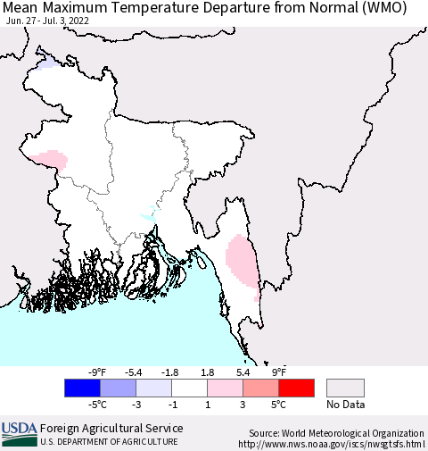 Bangladesh Mean Maximum Temperature Departure from Normal (WMO) Thematic Map For 6/27/2022 - 7/3/2022