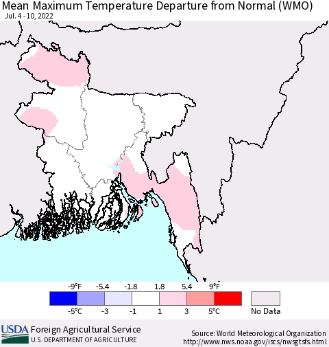 Bangladesh Mean Maximum Temperature Departure from Normal (WMO) Thematic Map For 7/4/2022 - 7/10/2022