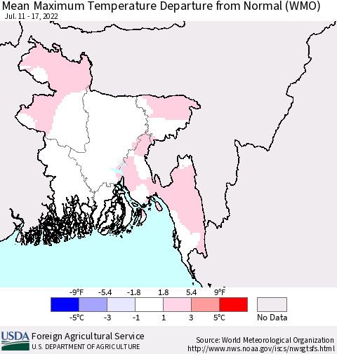 Bangladesh Mean Maximum Temperature Departure from Normal (WMO) Thematic Map For 7/11/2022 - 7/17/2022