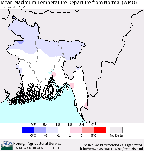 Bangladesh Mean Maximum Temperature Departure from Normal (WMO) Thematic Map For 7/25/2022 - 7/31/2022