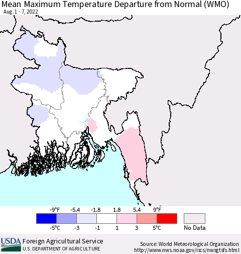 Bangladesh Mean Maximum Temperature Departure from Normal (WMO) Thematic Map For 8/1/2022 - 8/7/2022