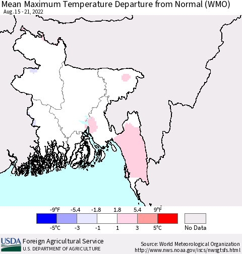 Bangladesh Mean Maximum Temperature Departure from Normal (WMO) Thematic Map For 8/15/2022 - 8/21/2022