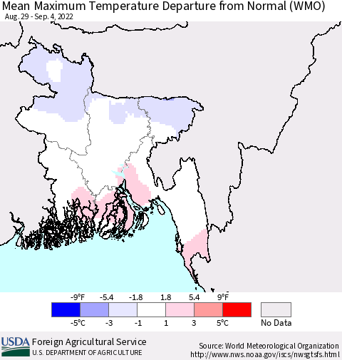 Bangladesh Mean Maximum Temperature Departure from Normal (WMO) Thematic Map For 8/29/2022 - 9/4/2022