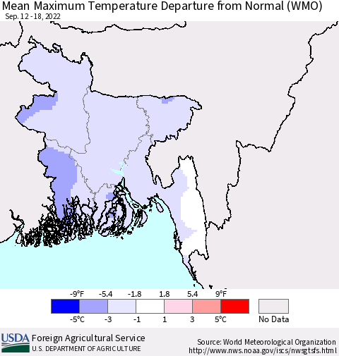 Bangladesh Mean Maximum Temperature Departure from Normal (WMO) Thematic Map For 9/12/2022 - 9/18/2022