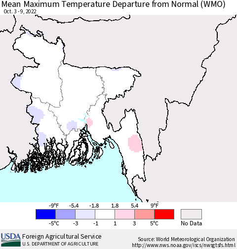 Bangladesh Mean Maximum Temperature Departure from Normal (WMO) Thematic Map For 10/3/2022 - 10/9/2022