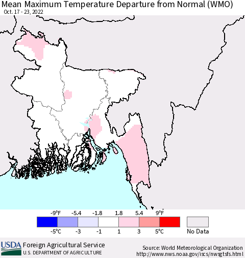 Bangladesh Mean Maximum Temperature Departure from Normal (WMO) Thematic Map For 10/17/2022 - 10/23/2022