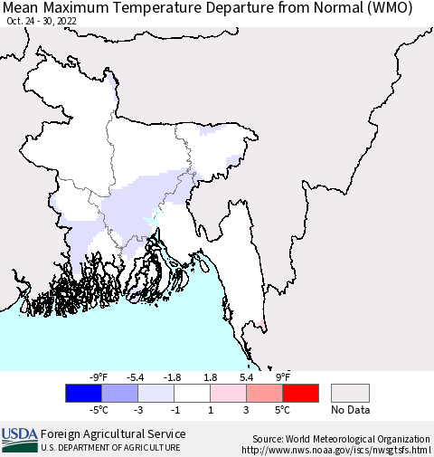 Bangladesh Mean Maximum Temperature Departure from Normal (WMO) Thematic Map For 10/24/2022 - 10/30/2022