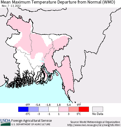Bangladesh Mean Maximum Temperature Departure from Normal (WMO) Thematic Map For 11/7/2022 - 11/13/2022