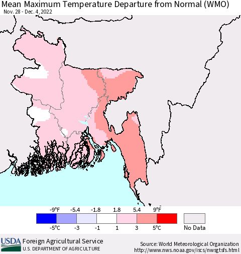 Bangladesh Mean Maximum Temperature Departure from Normal (WMO) Thematic Map For 11/28/2022 - 12/4/2022