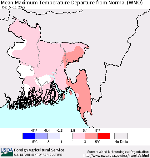Bangladesh Mean Maximum Temperature Departure from Normal (WMO) Thematic Map For 12/5/2022 - 12/11/2022