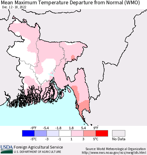 Bangladesh Mean Maximum Temperature Departure from Normal (WMO) Thematic Map For 12/12/2022 - 12/18/2022