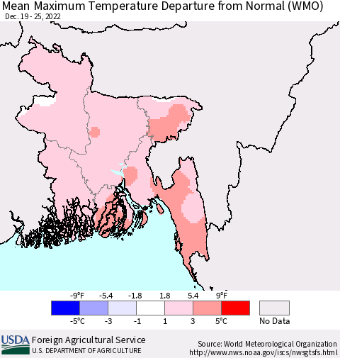 Bangladesh Mean Maximum Temperature Departure from Normal (WMO) Thematic Map For 12/19/2022 - 12/25/2022