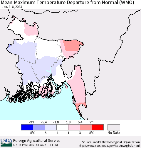 Bangladesh Mean Maximum Temperature Departure from Normal (WMO) Thematic Map For 1/2/2023 - 1/8/2023