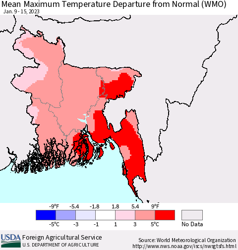 Bangladesh Mean Maximum Temperature Departure from Normal (WMO) Thematic Map For 1/9/2023 - 1/15/2023